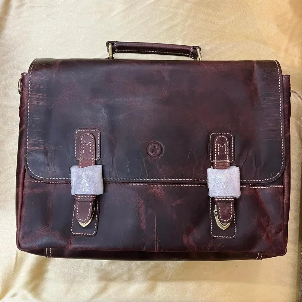 NWT Aaron Leather Goods messenger laptop bag dark brown genuine